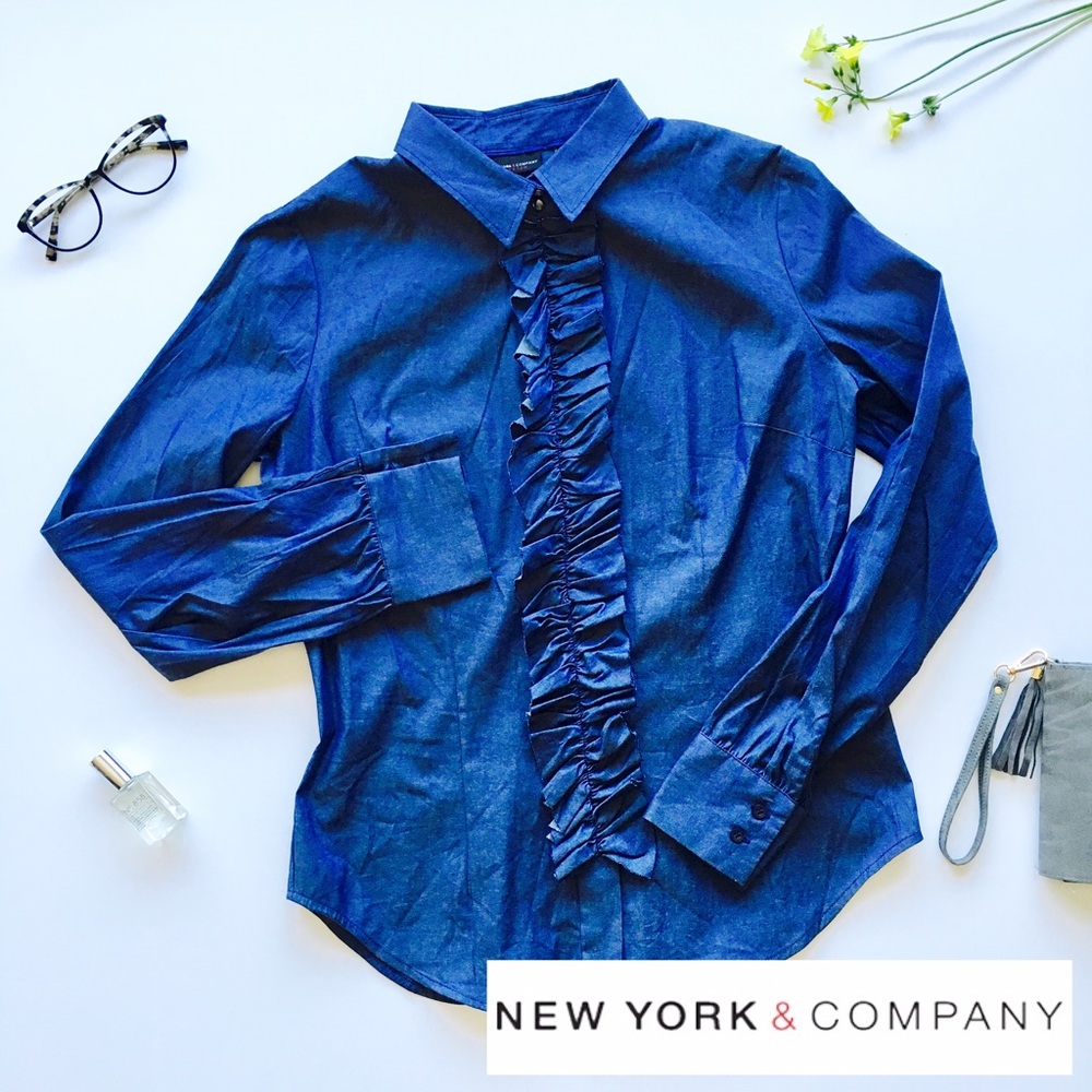 Ruffle Button Down Light weight Denim Shirt Reposh